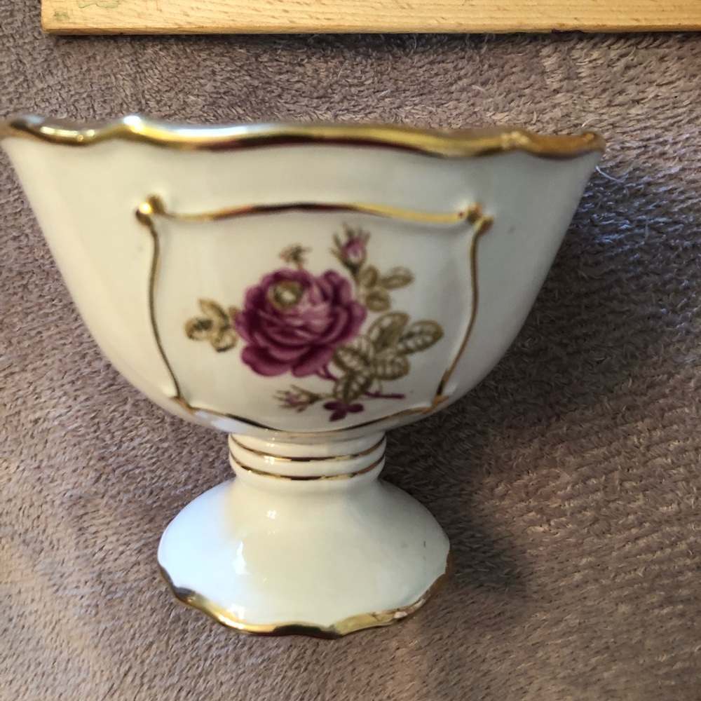 Porcelain Pedestal  Vintage Italian Pedestal Bowl with Purple Rose and Gold Trim